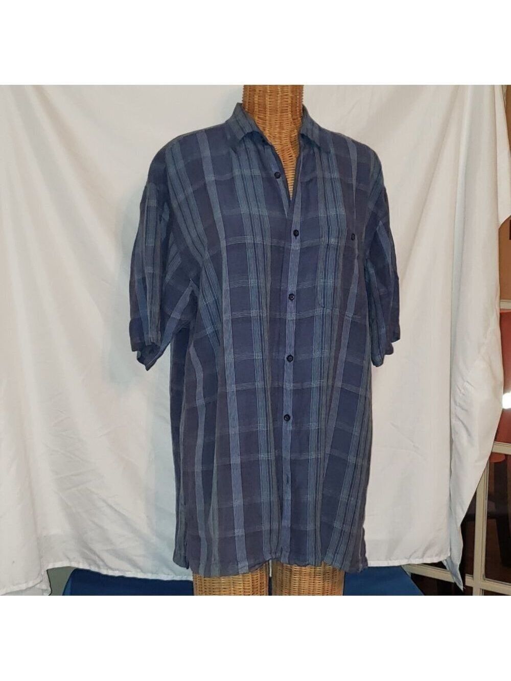 Men's GEOFFREY BEENE Short Sleeve Linen Blend Plaid Shirt - M
